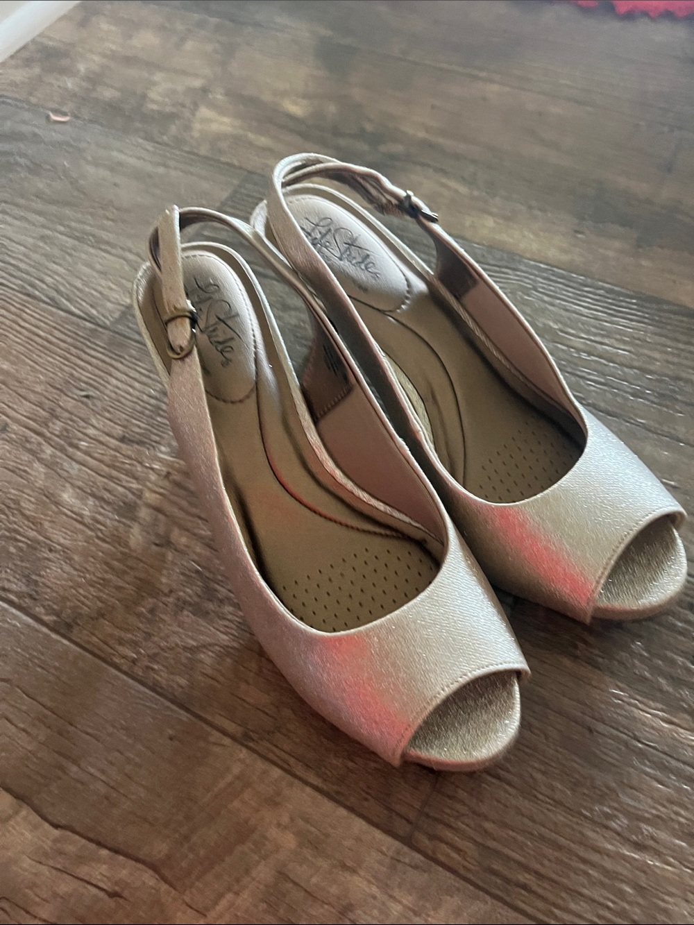 Life Stride Open-Toe Slingback Heels in Shimmery Beige